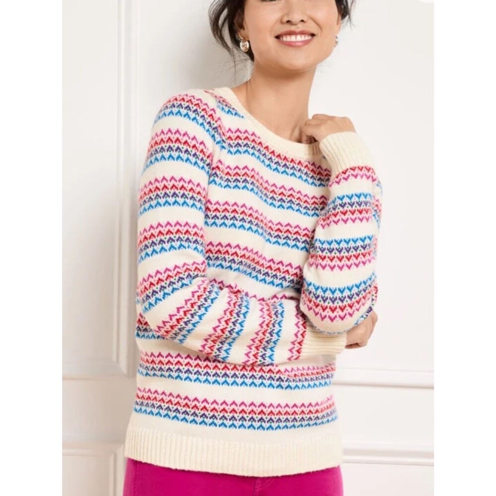 Talbots women’s wave jacquard crewneck sweater Cream Fair Isle sweater Small EUC